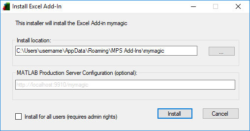 Excel add-in installer where you can choose an install location and enter the server configuration.