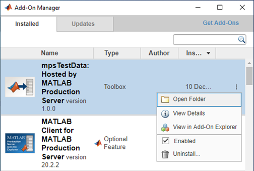 MATLAB Add-On Manager showing the newly installed mpsTestData add-on