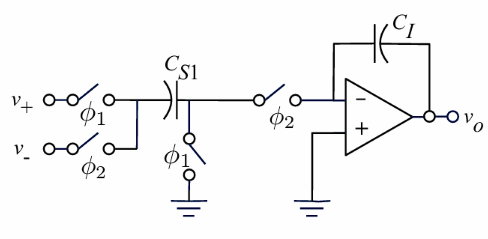 Internal circuit diagram of a DT integrator with two input branches.