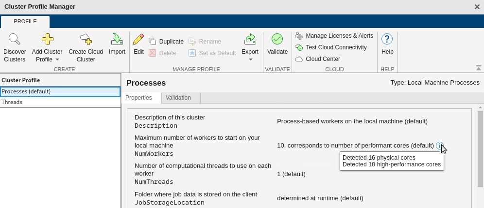 The Cluster Profile Manager shows the Processes profile, with an information box next to the NumWorkers property value that displays "Detected 16 physical cores. Detected 10 high-performance cores."