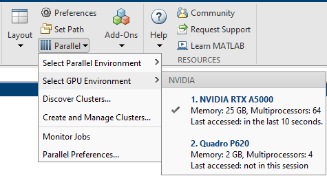 The Parallel menu, including the Select GPU Environment pane showing two GPU devices. A tick next to the first device indicates that it is the selected device.