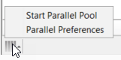 The parallel pool status indicator indicating that no pool is running, showing the start parallel pool and parallel preferences menu options.
