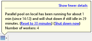 The parallel status indicator, highlighted blue to indicate that a parallel pool is running. A tooltip shows that a parallel pool has been running for about one minute and will shut down if still idle in 29 minutes.