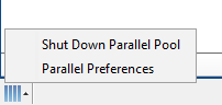 The parallel status indicator, highlighted blue to indicate that a parallel pool is running and including a menu showing options for shutting down the parallel pool and inspecting your parallel preferences.
