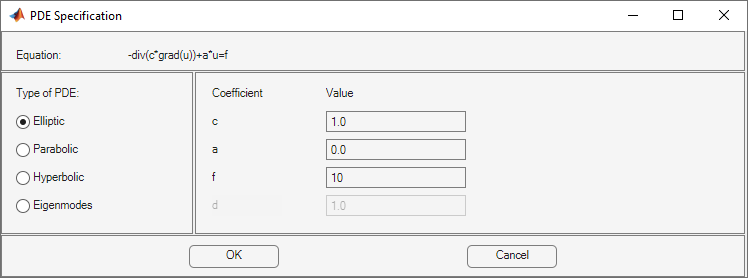 Dialog box for specifying coefficients for elliptic, parabolic, hyperbolic, and eigenmodes types of scalar PDEs