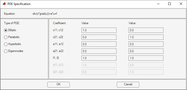Dialog box for specifying coefficients for elliptic, parabolic, hyperbolic, and eigenmodes types of systems of PDEs