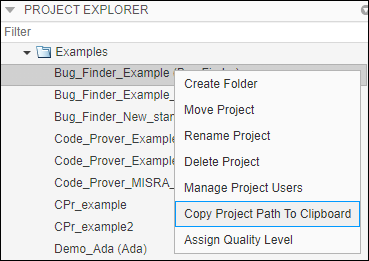 Context menu showing Copy Project Path to Clipboard option