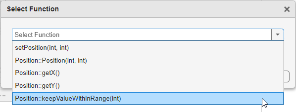 Select Function drop-down list showing all functions in source code