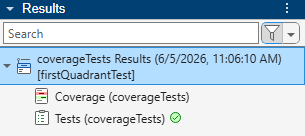 Results pane showing test execution and coverage results