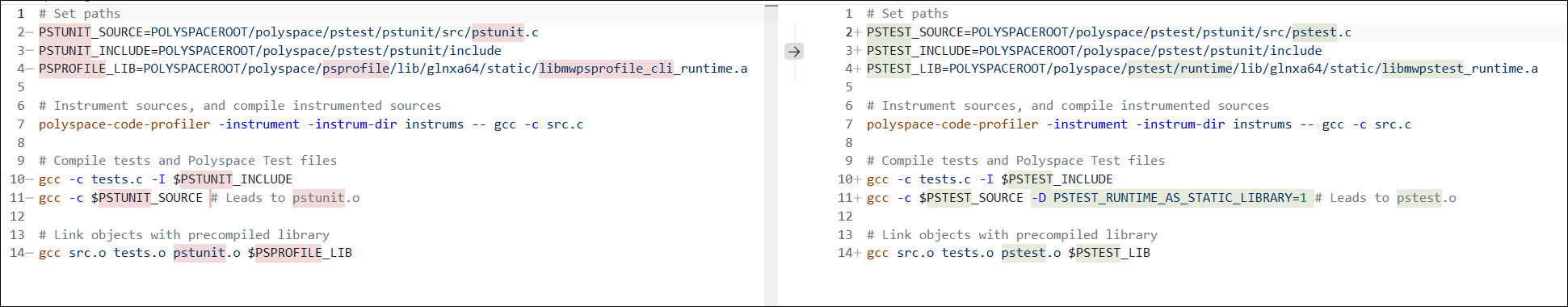 Host profiling script diff showing PSTUNIT and PSPROFILE paths replaced by PSTEST paths with PSTEST_RUNTIME_AS_STATIC_LIBRARY flag