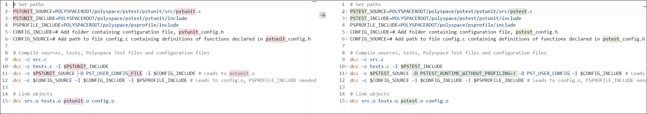 Target build script diff showing PSTUNIT paths replaced by PSTEST paths with PSTEST_RUNTIME_WITHOUT_PROFILING and PST_USER_CONFIG flags