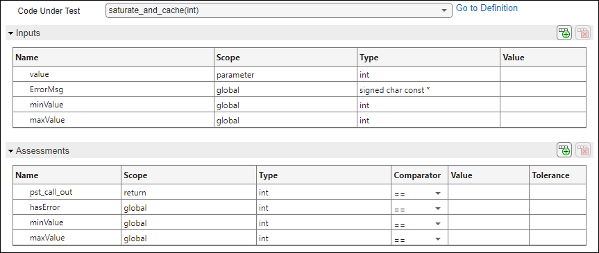 The Inputs and Assessments fields are automatically populated when you pick a function to test.