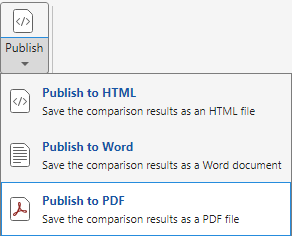 Publish menu with three options: Publish to HTML, Publish to Word, Publish to PDF