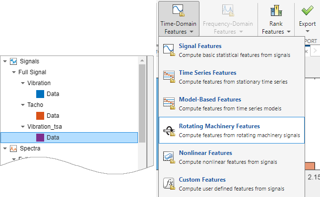 Signals list with the Vibration-tsa signal selected on the left, and Time-Domain Features list on the right. Rotating Machinery Features is the third option on the list