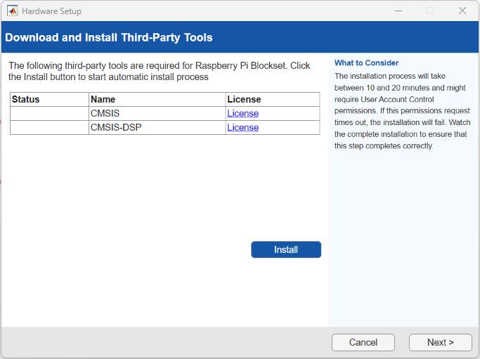 Raspberry Pi Blockset First Screen for Hardware Setup