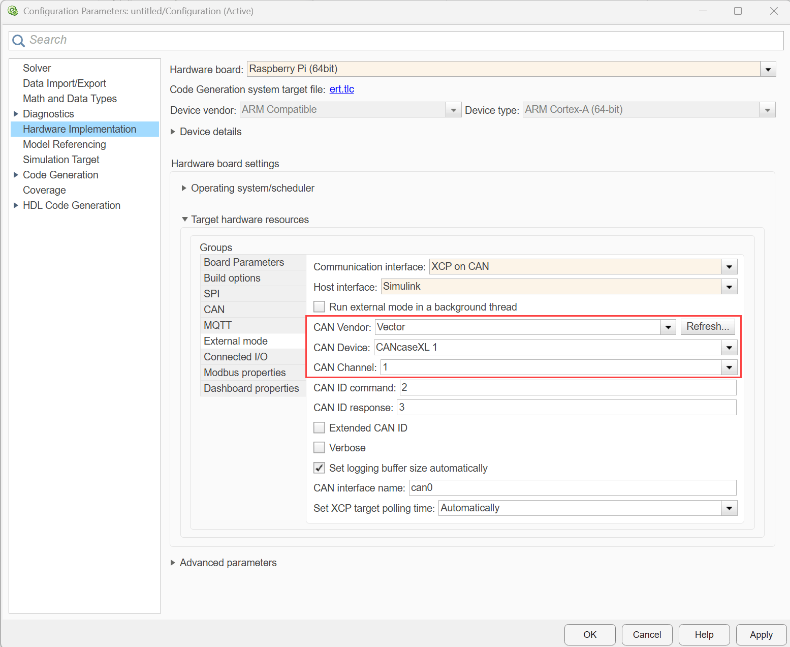 Configuration Parameters dialog showing Hardware Implementation pane with XCP on CAN external mode settings including CAN Vendor set to Vector, CAN Device set to CANcaseXL 1, CAN ID command set to 2, CAN ID response set to 3, and CAN interface name set to can0 for Raspberry Pi (64bit).
