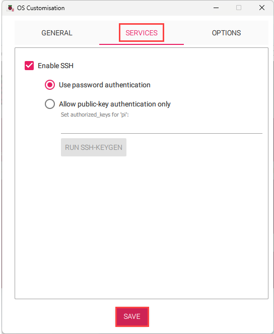 Services tab in the OS Customization window