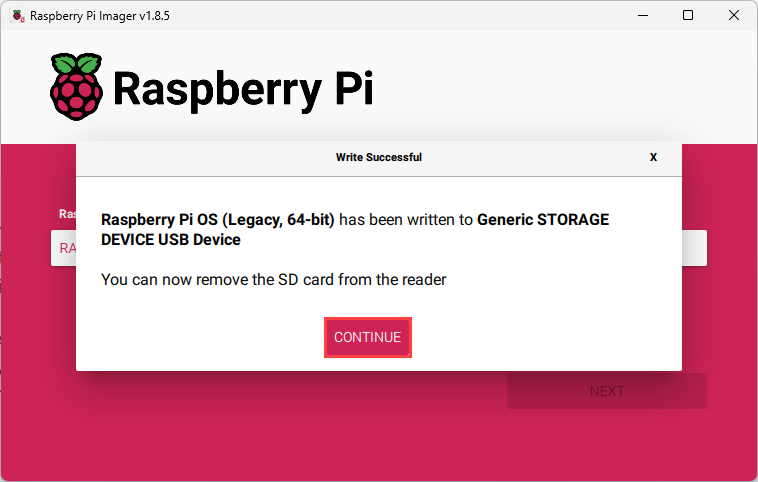 Write Successful dialog box in the Raspberry Pi Imager app