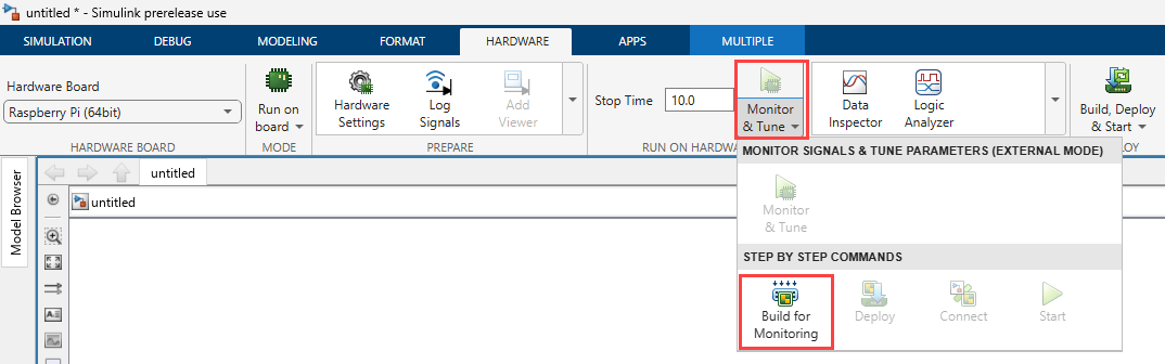 Simulink Hardware tab with the Monitor & Tune dropdown expanded, showing the Build for Monitoring button highlighted under Step by Step Commands. The Hardware Board is set to Raspberry Pi (64bit).