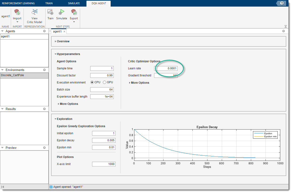 Reinforcement Learning Designer with the agent window open