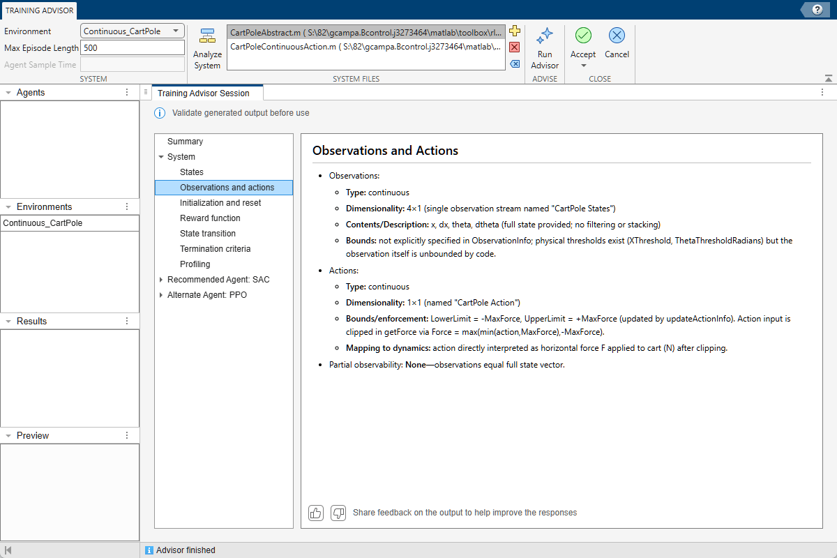 Training Advisor recommendations, with the Observations and Actions page selected, within the System group