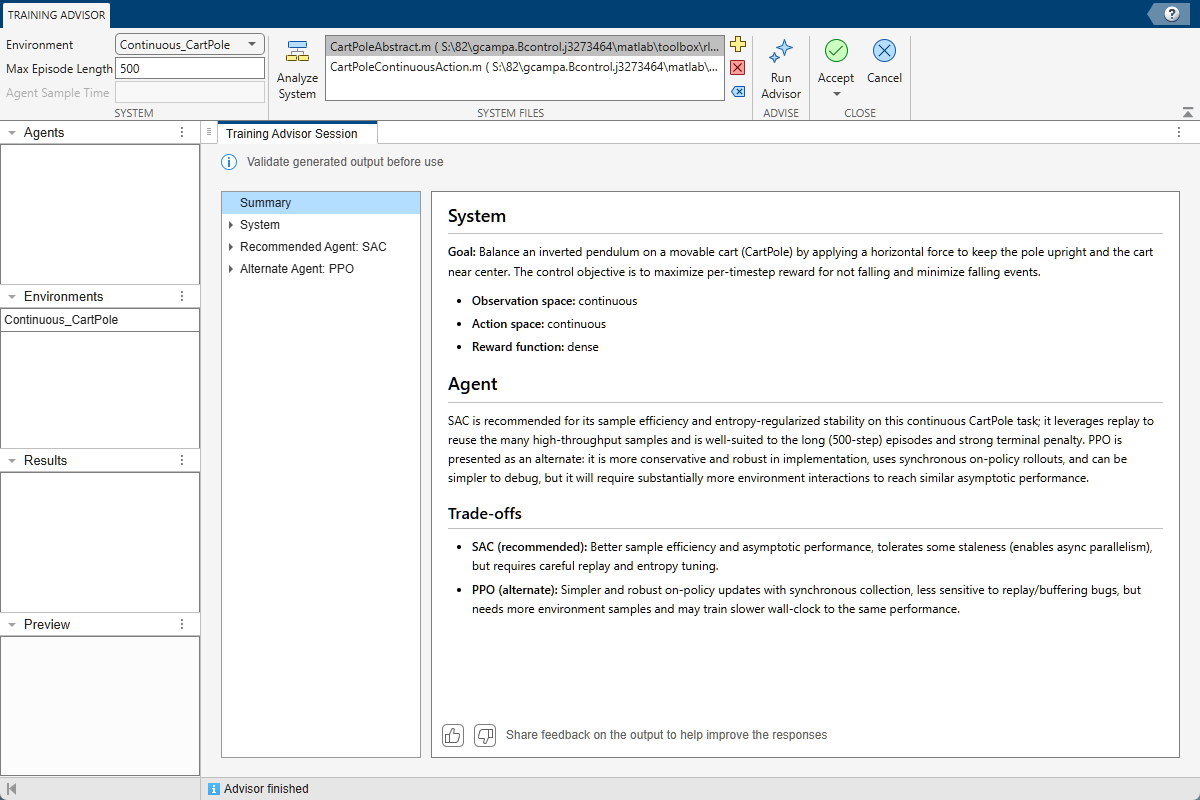 Training Advisor recommendations, with the Summary page selected