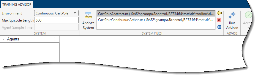 Training Advisor tab, with the System Files edit field populated by relevant environment files