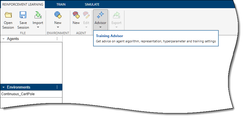 Reinforcement Learning tab in the Reinforcement Learning Designer app. The Advisor button is selected on the toolbar, revealing the Training Advisor button.