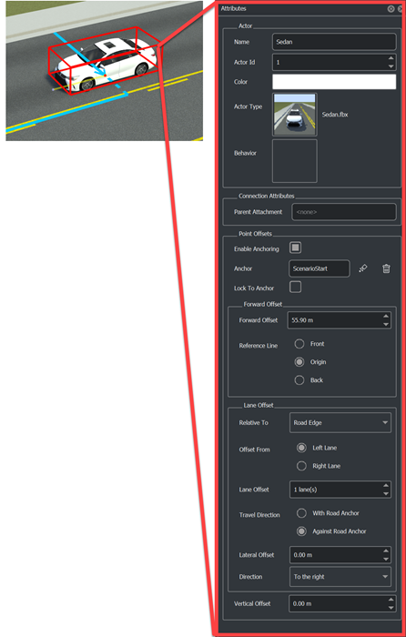A vehicle actor highlighted in the scenario and its accompanying attributes.