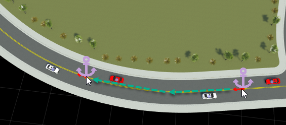 Anchor dragging a scenario with red and white car along road