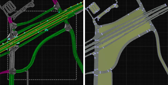 Example of imported HERE HD Live Map road data and road model