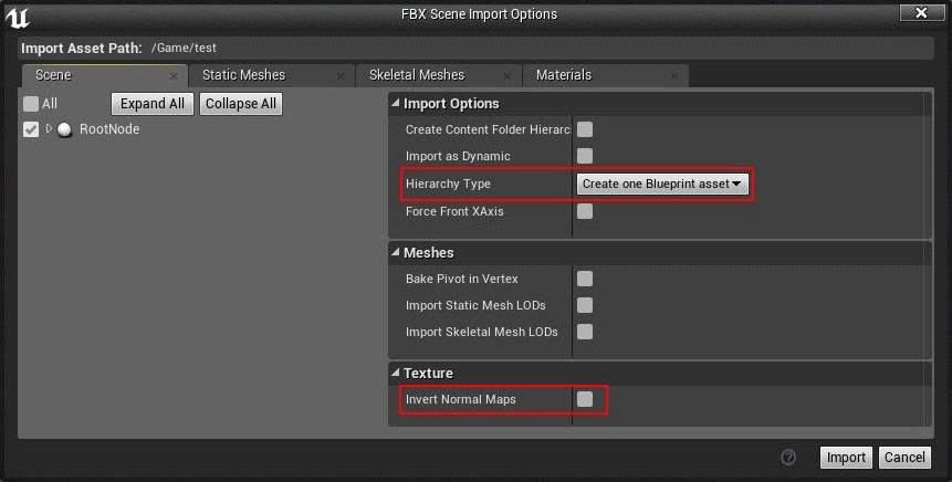 FBX Scene Import Options dialog box. On the Scene tab, Hierarchy Type and Invert Normal Maps are highlighted.