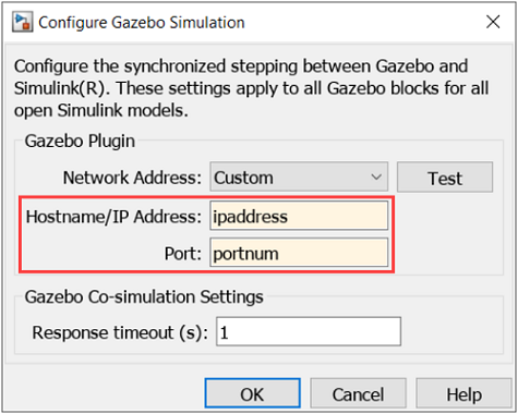 Configure Gazebo Simulation dialog box highlighting values of Hostname/IP Address and Port boxes specified as variable names.