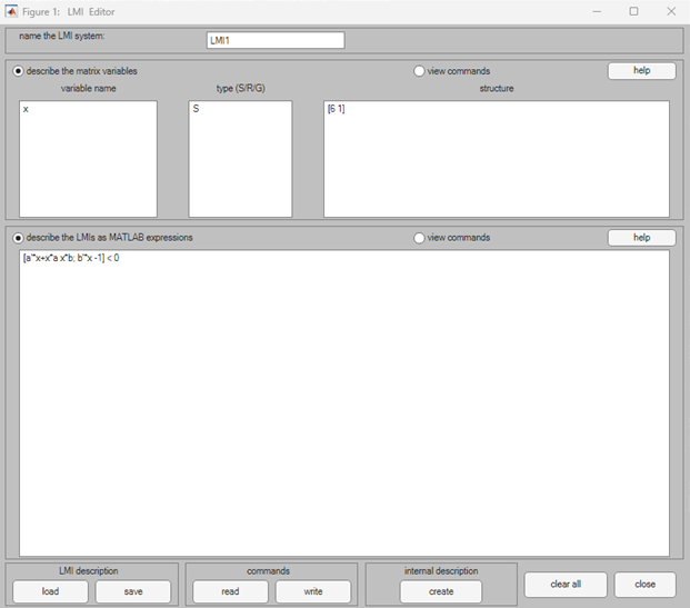 LMI Editor UI containing fields to specify variable names, types, and structure and to describe the LMIs as MATLAB expressions