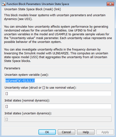 Block parameters of the Uncertain State Space block, shown in the block dialog box. The block parameters are Uncertain system variable, Uncertainty value, Initial states (nominal dynamics), and Initial states (uncertain dynamics).