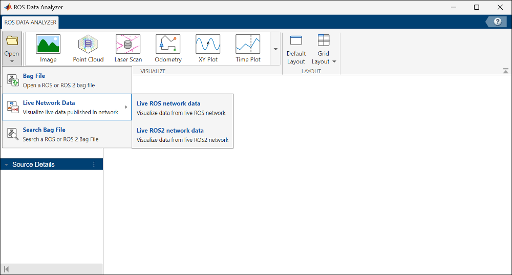 Open live network in ROS Data Analyzer