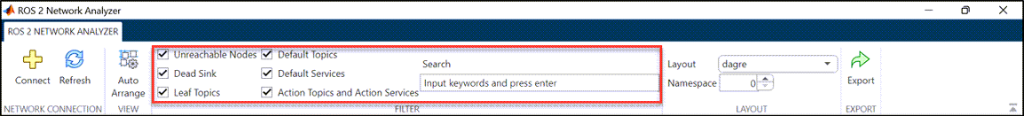 ROS 2 Network Analyzer Search tab