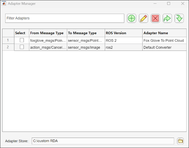 Adapter Manager interface in ROS Data Analyzer app
