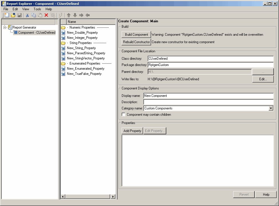 Report Explorer with Outline pane on the left, Options pane in the middle, and Properties pane on the right