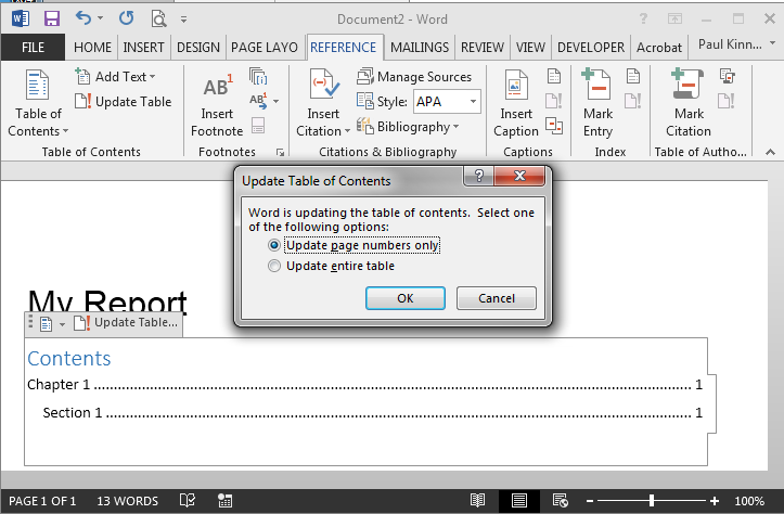 Update Table of Contents dialog box with Update page numbers only selected