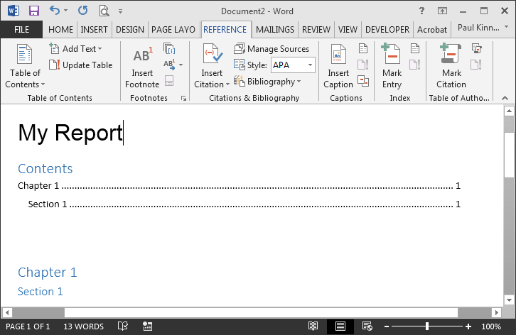 Table of contents appearing in Word template