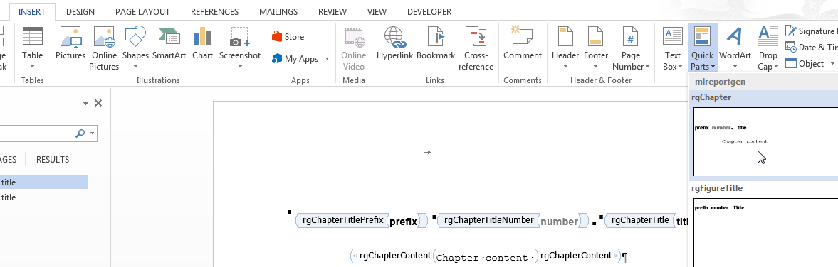 Quick Parts menu with rgChapter template part selected