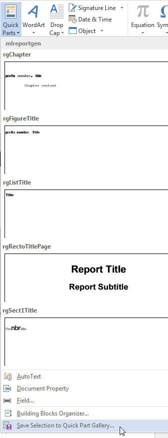 Quick Parts menu with "Save Selection to Quick Part Gallery" selected