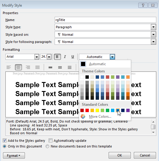 Modify Style dialog box for rgTitle with the Automatic color selection drop-down expanded and the blue color box selected