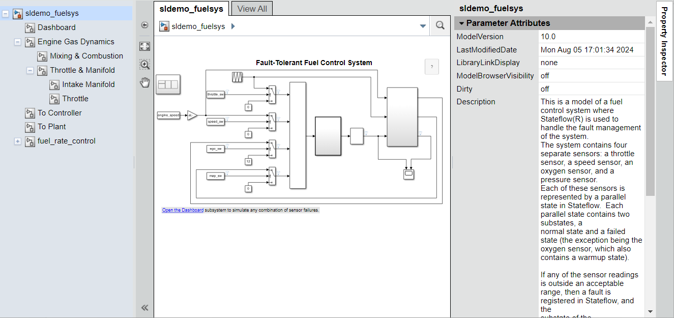 System browser displays block diagram for sldemo_fuelsys on the left and Parameter Attributes on the right