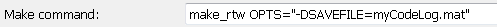 Set Make command parameter to make_rtw OPTS="-DSAVEFILE=myCodeLog.mat"