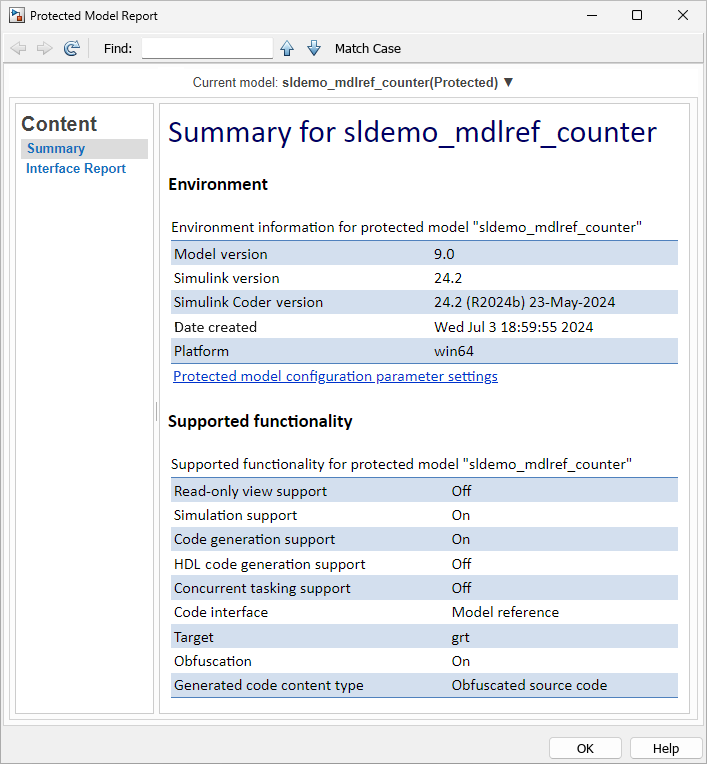 Protected model report for sldemo_mdlref_counter