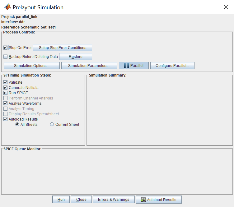 Prelayout Simulation dialog with process controls, SI/Timing simulation steps, empty simulation summary, and empty SPICE queue monitor panels