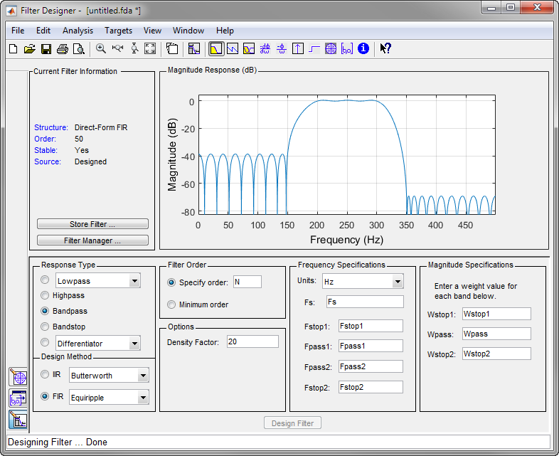 stopband rejection in matlab filter designer