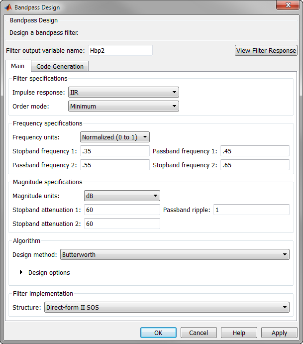 Bandpass Design window. The window has two panes: Main, and Code Generation. The figure shows the Main pane. The Algorithm section is located in the bottom third of the window. The figure shows the Butterworth design method selected.